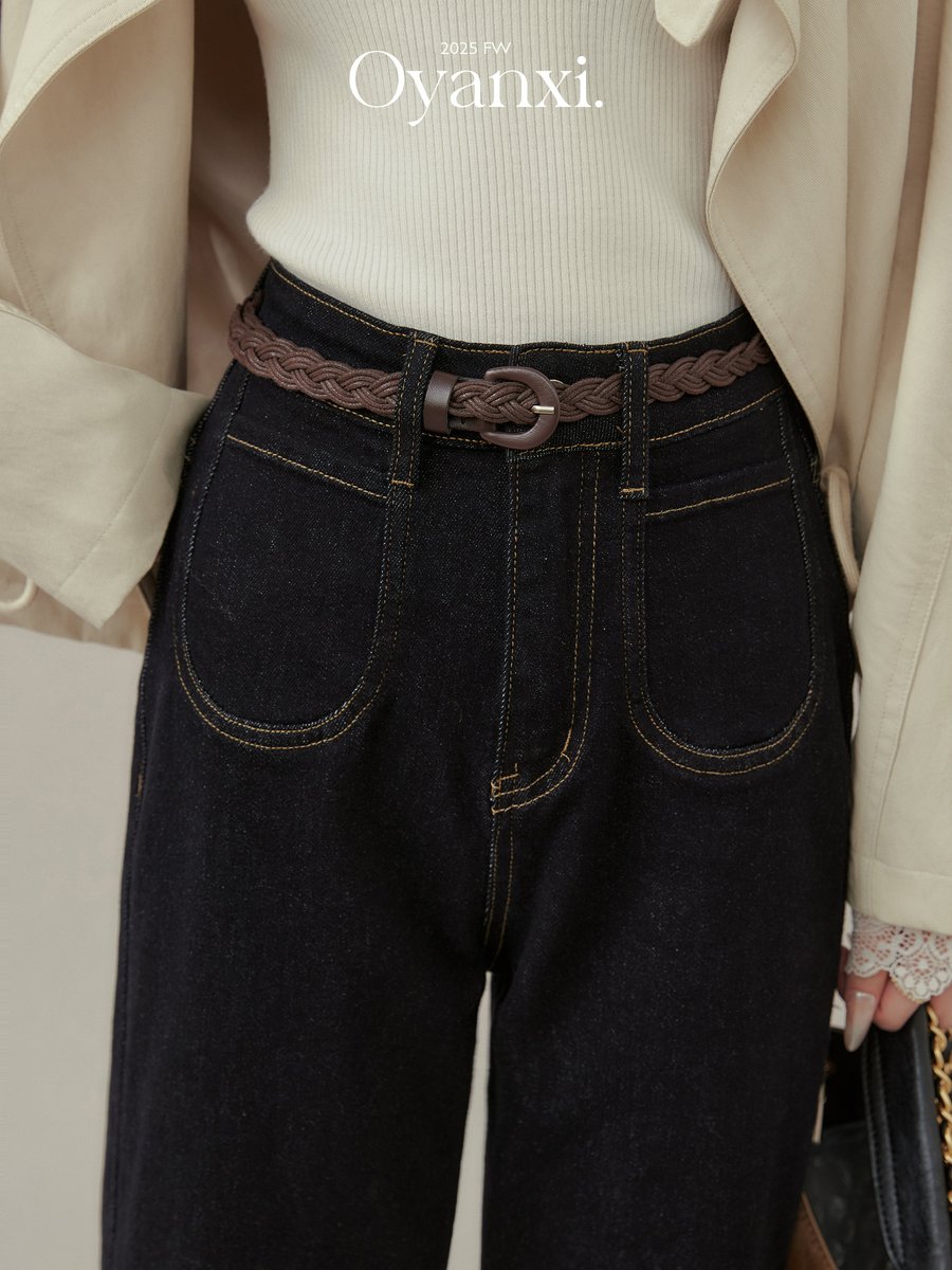 OYANXI ハイウエスト ストレートセミフレア デニムパンツ