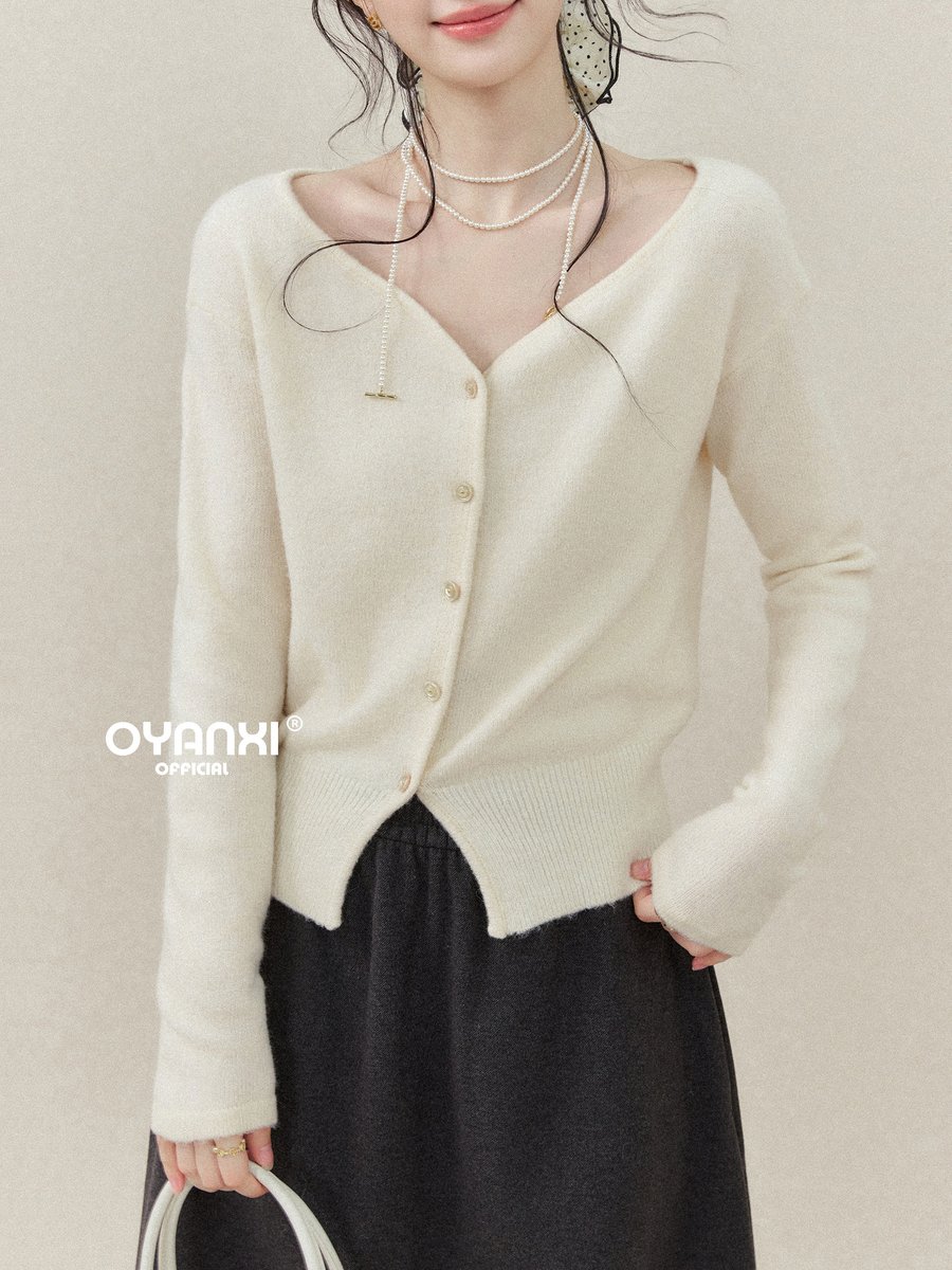 OYANXI Vネック スリット裾 ゆったり ニットカーディガン