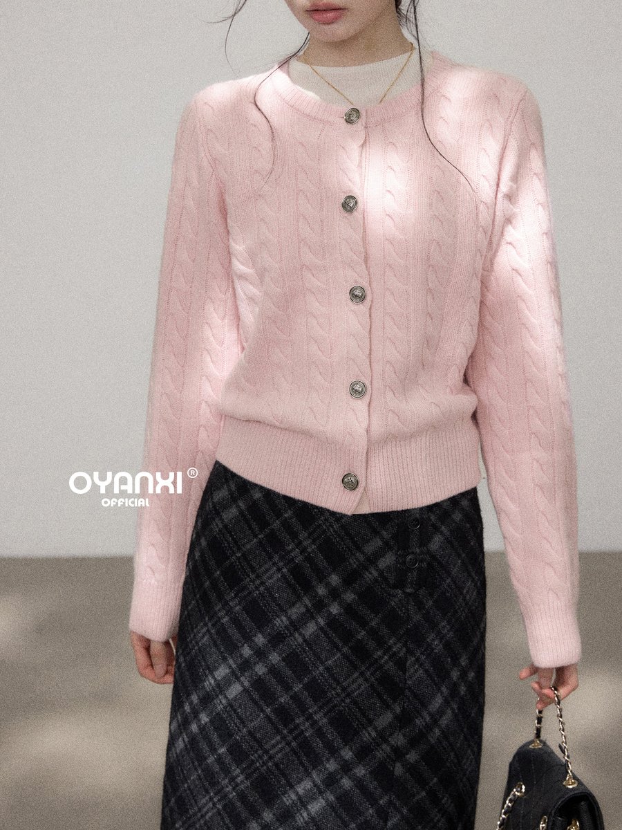 OYANXI クルーネック ボタン 長袖ニットカーディガン