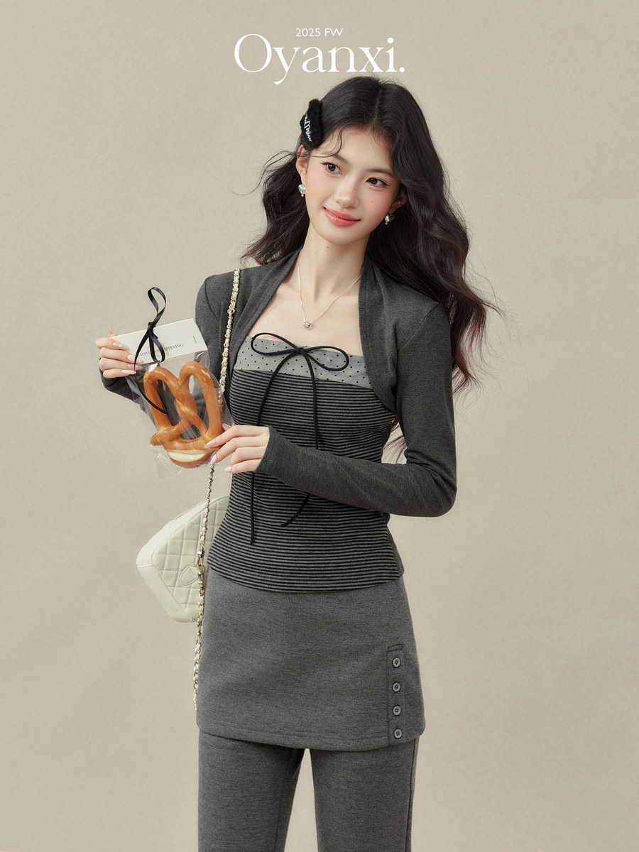 OYANXI リボン フェイクレイヤード 長袖Tシャツ