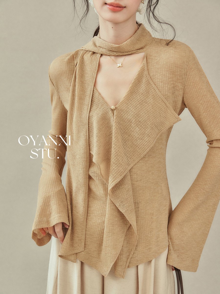 OYANXI リボンタイ Vネック 長袖Tシャツ カーキ