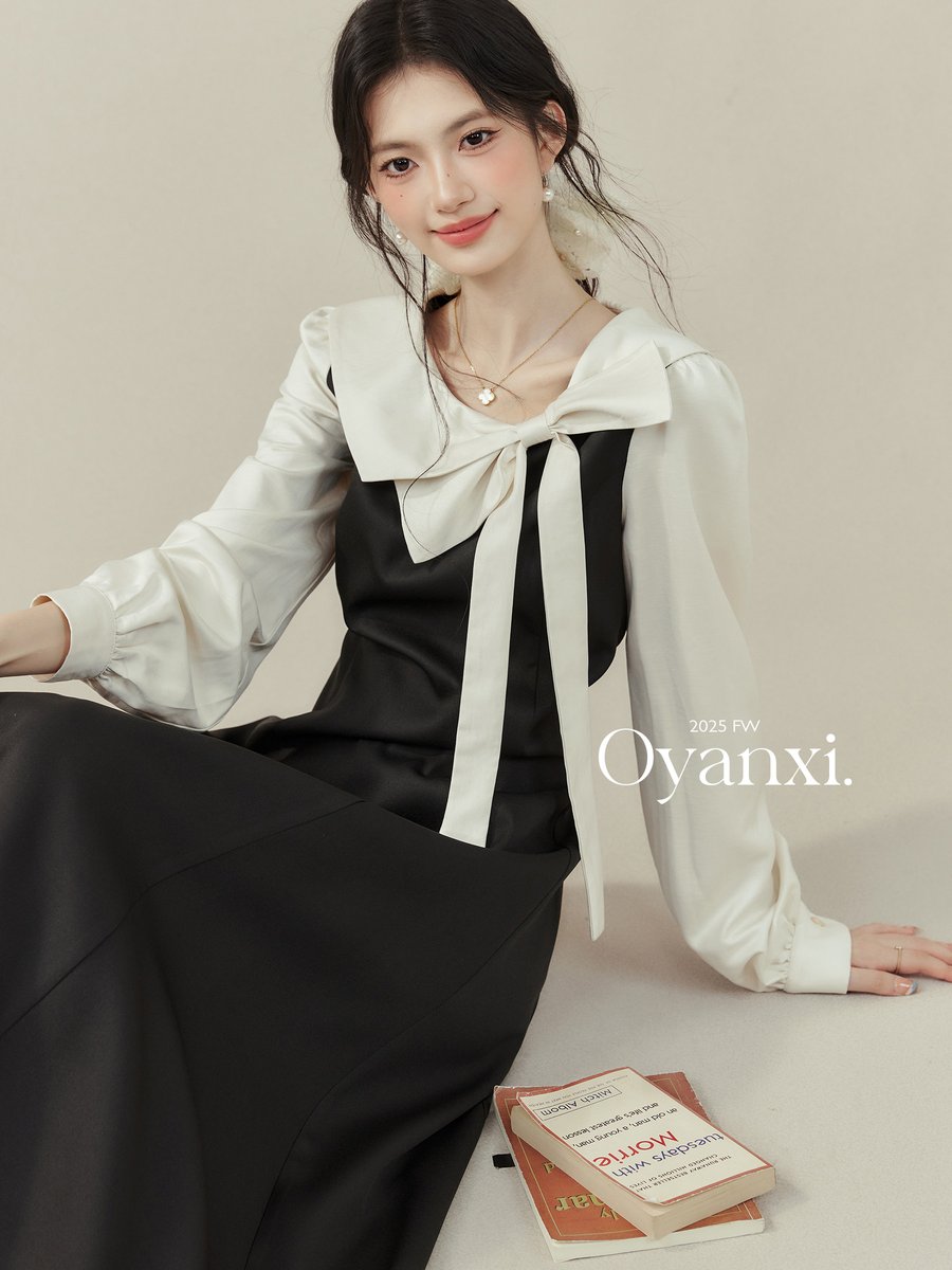 OYANXI リボン 長袖ワンピース ブラック