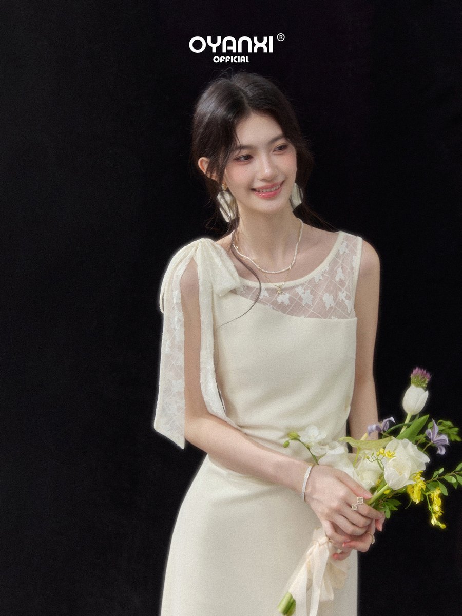 OYANXI レース チュール リボン オフショルダー ロングワンピース