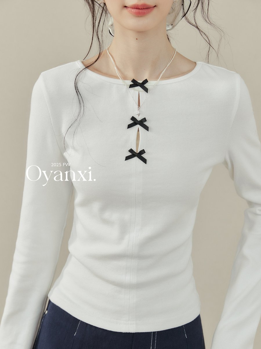 OYANXI リボン すっきりシルエット 長袖Tシャツ