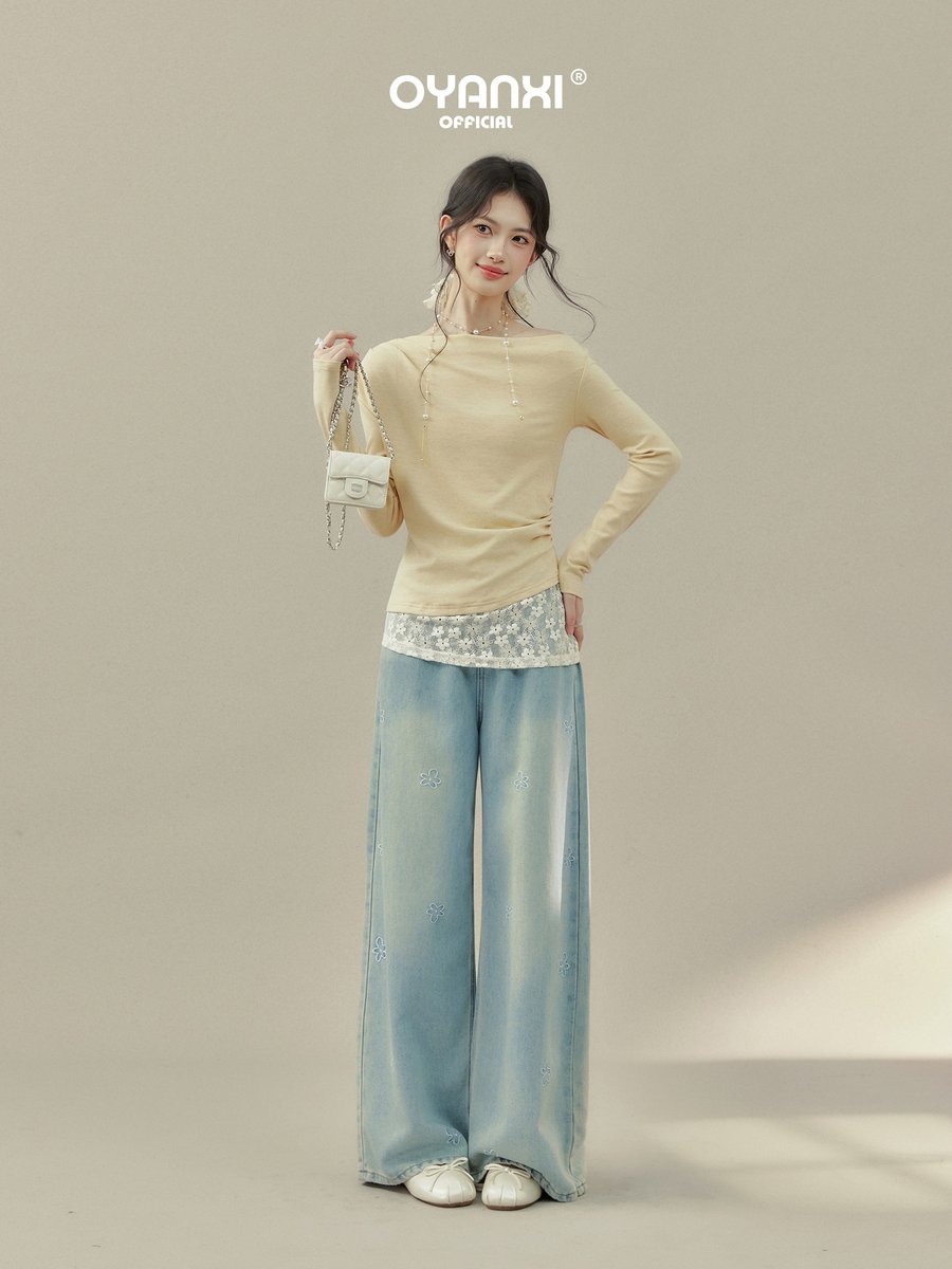 OYANXI レーストリム アシンメトリーネック フェイクレイヤードTシャツ