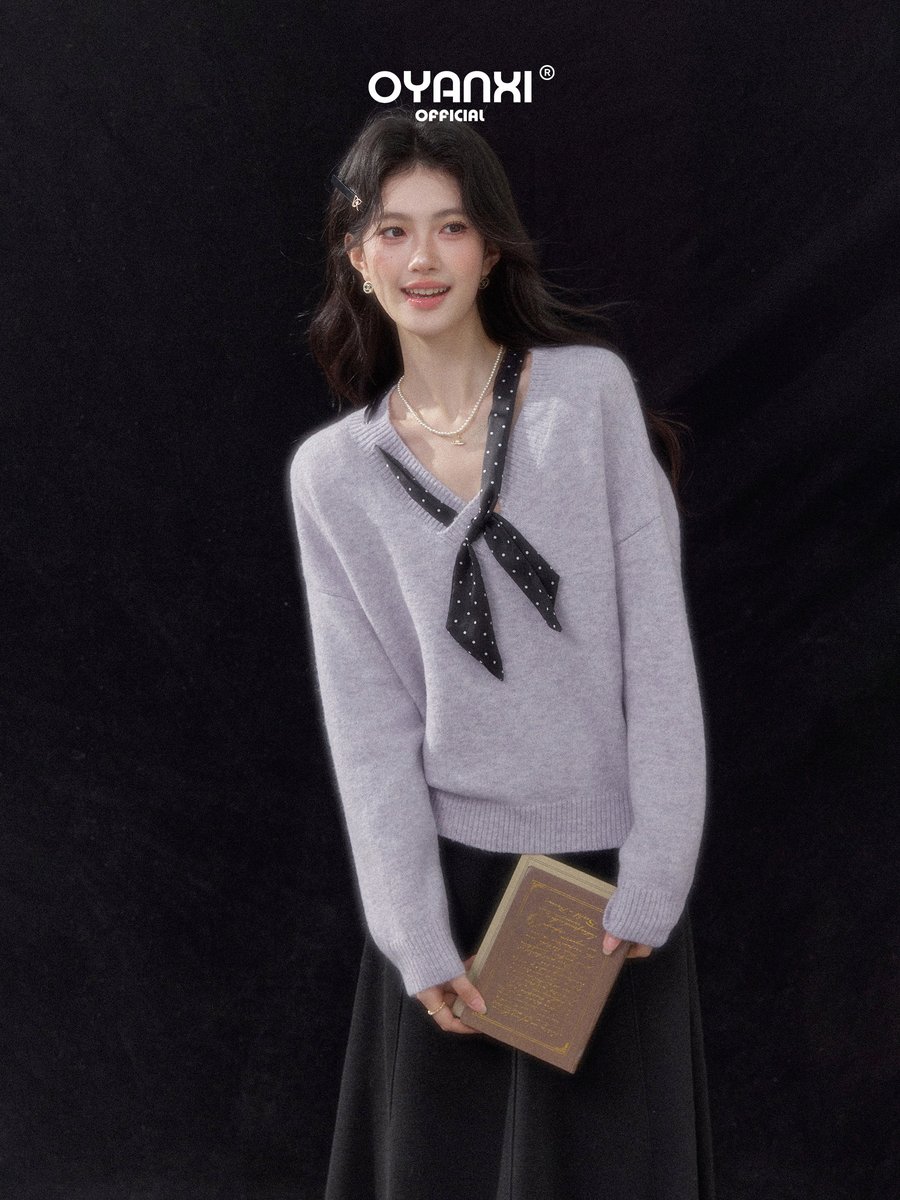 OYANXI ドット柄スカーフ付き Vネック ゆったり プルオーバーセーター