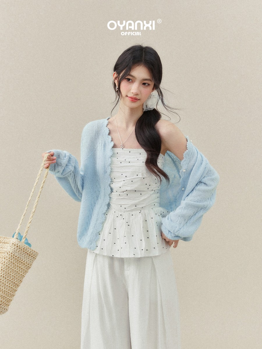OYANXI ドット柄キャミソール＆透かし編みニット 2点セット
