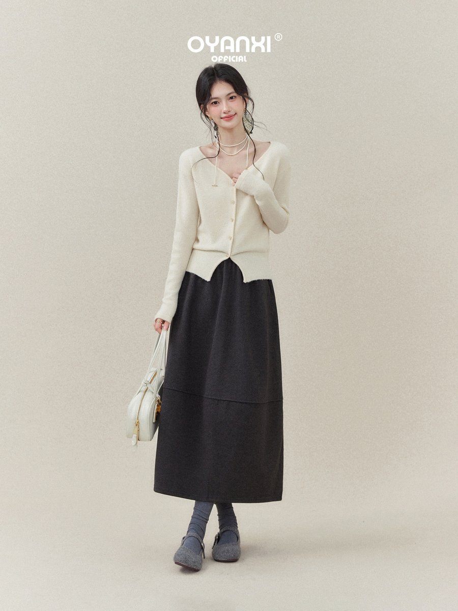 OYANXI Vネック スリット裾 ゆったり ニットカーディガン