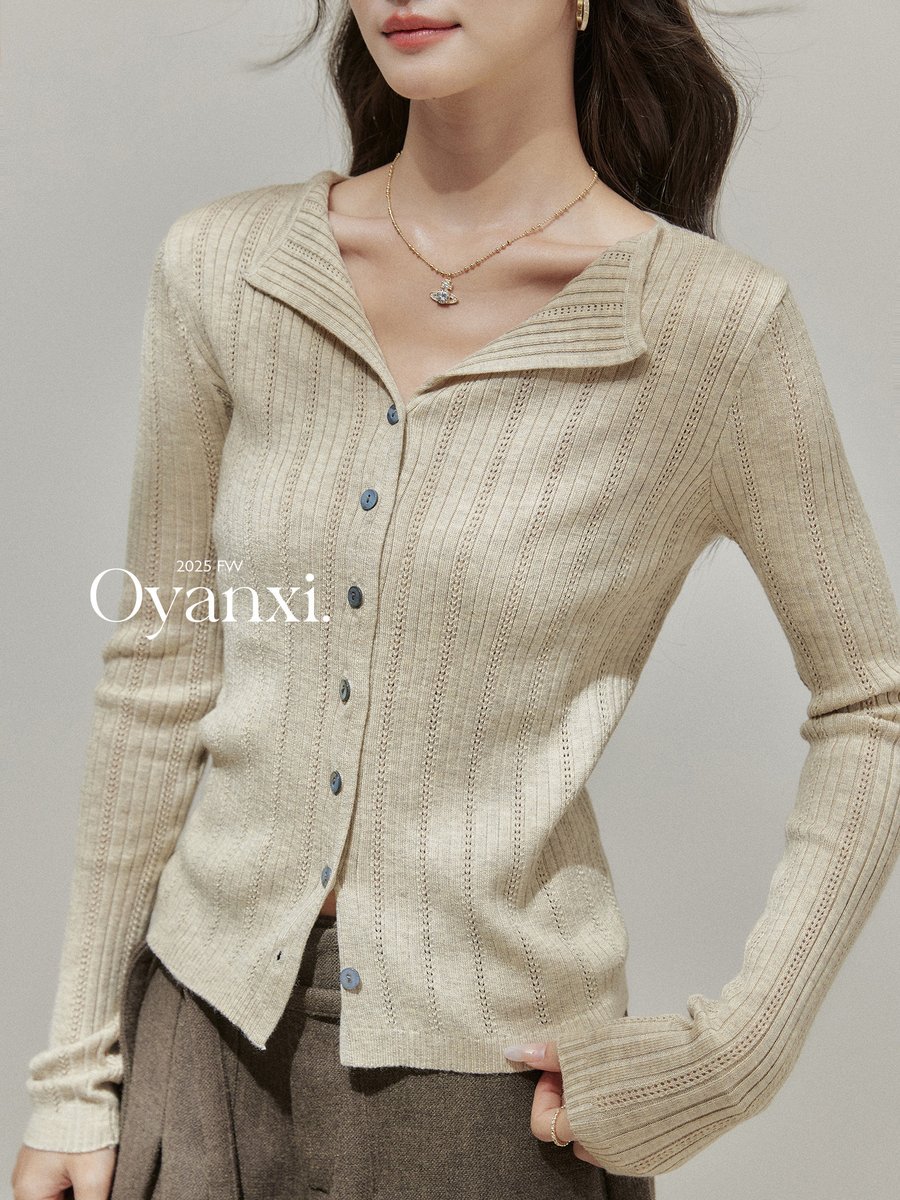 OYANXI Vネック ウール混 ニットカーディガン