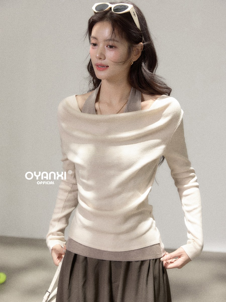 OYANXI ドレープネック フェイクレイヤード ニットトップス