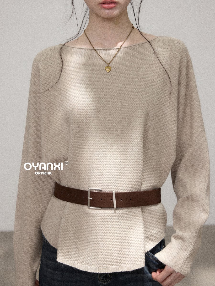 OYANXI ボートネック ベルト付き 長袖ニットトップス