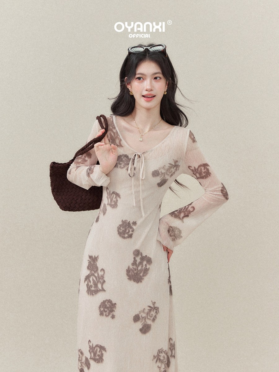 OYANXI プリント Vネック シアー フレアスリーブ ロングワンピース