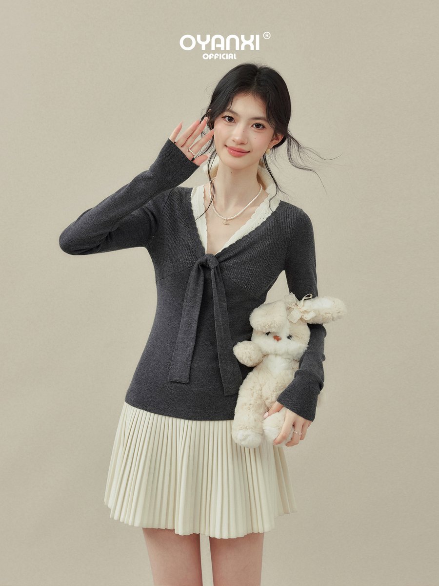 OYANXI リボン フェイクレイヤード Vネック ニットトップス