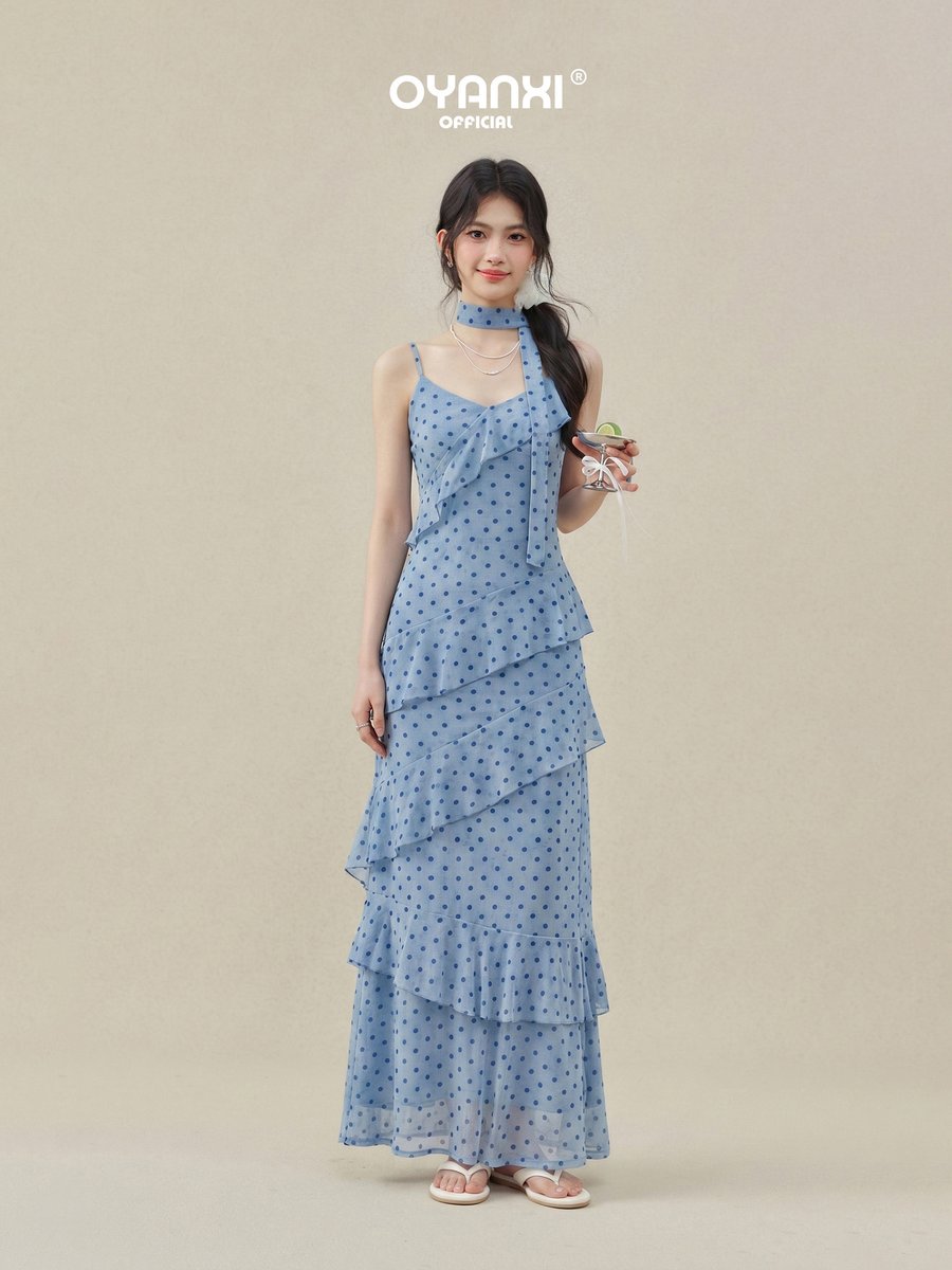 OYANXI ドット柄 Vネック キャミソールワンピース スカーフ付き