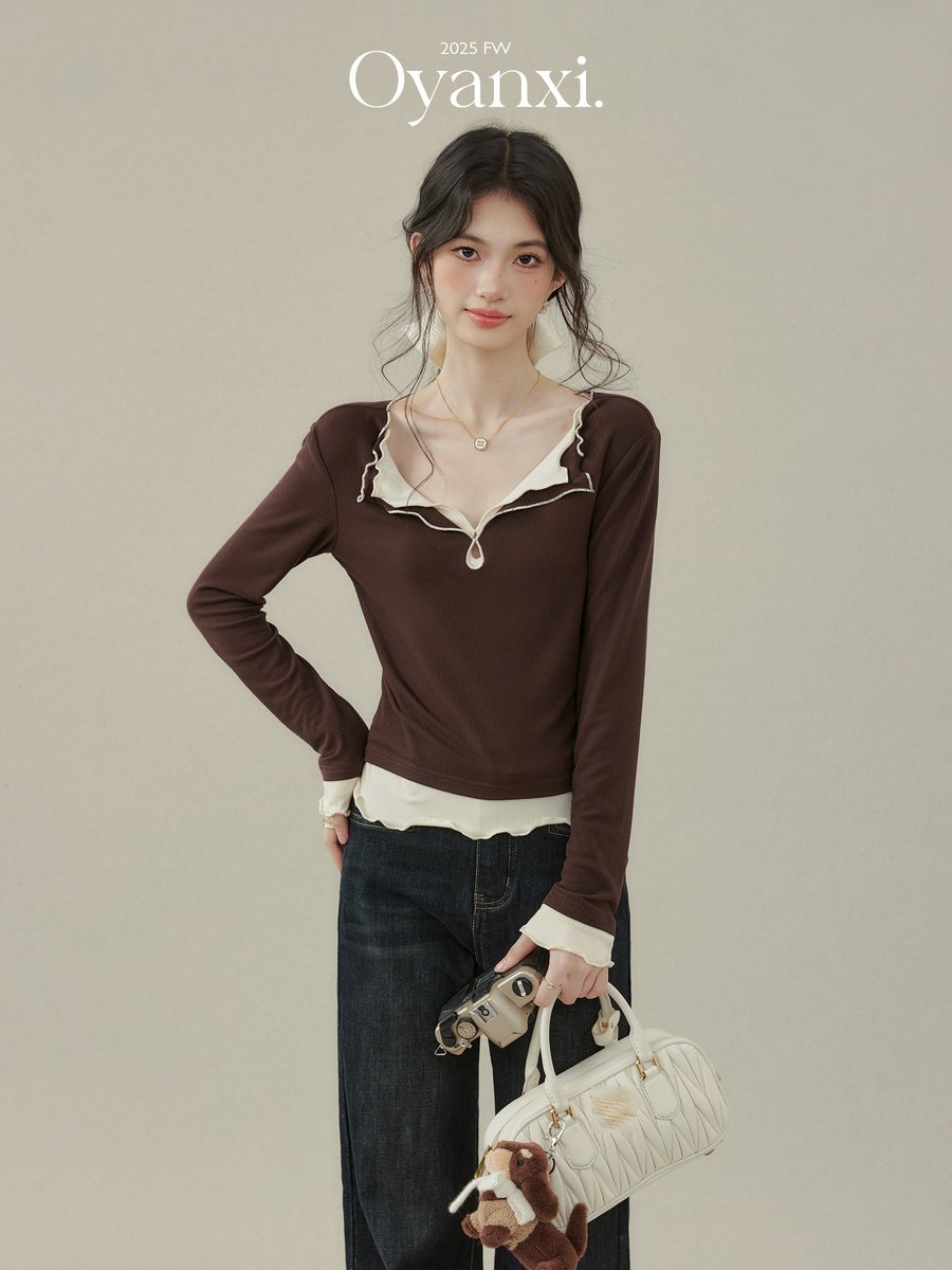 OYANXI 配色 フェイクレイヤード 長袖Tシャツ