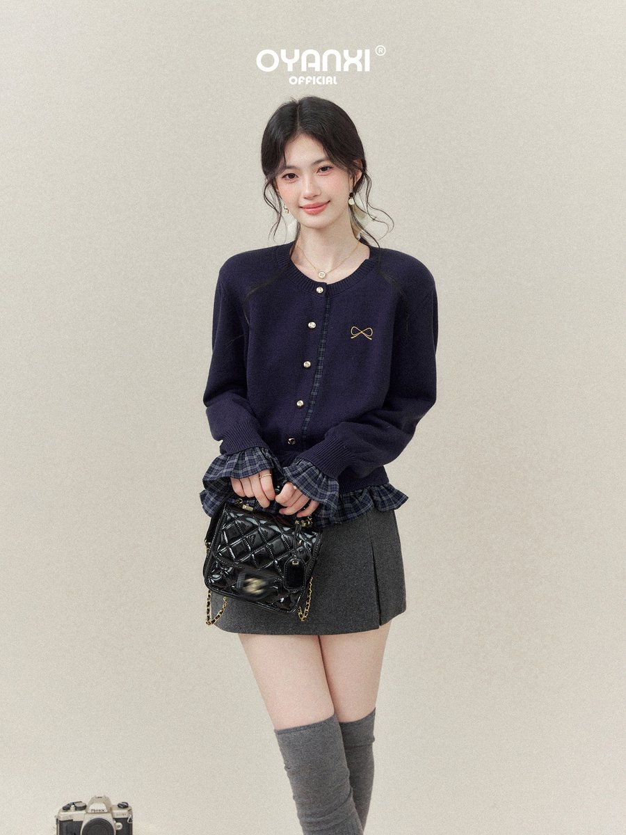 OYANXI フェイクレイヤード パールボタン ニットカーディガン