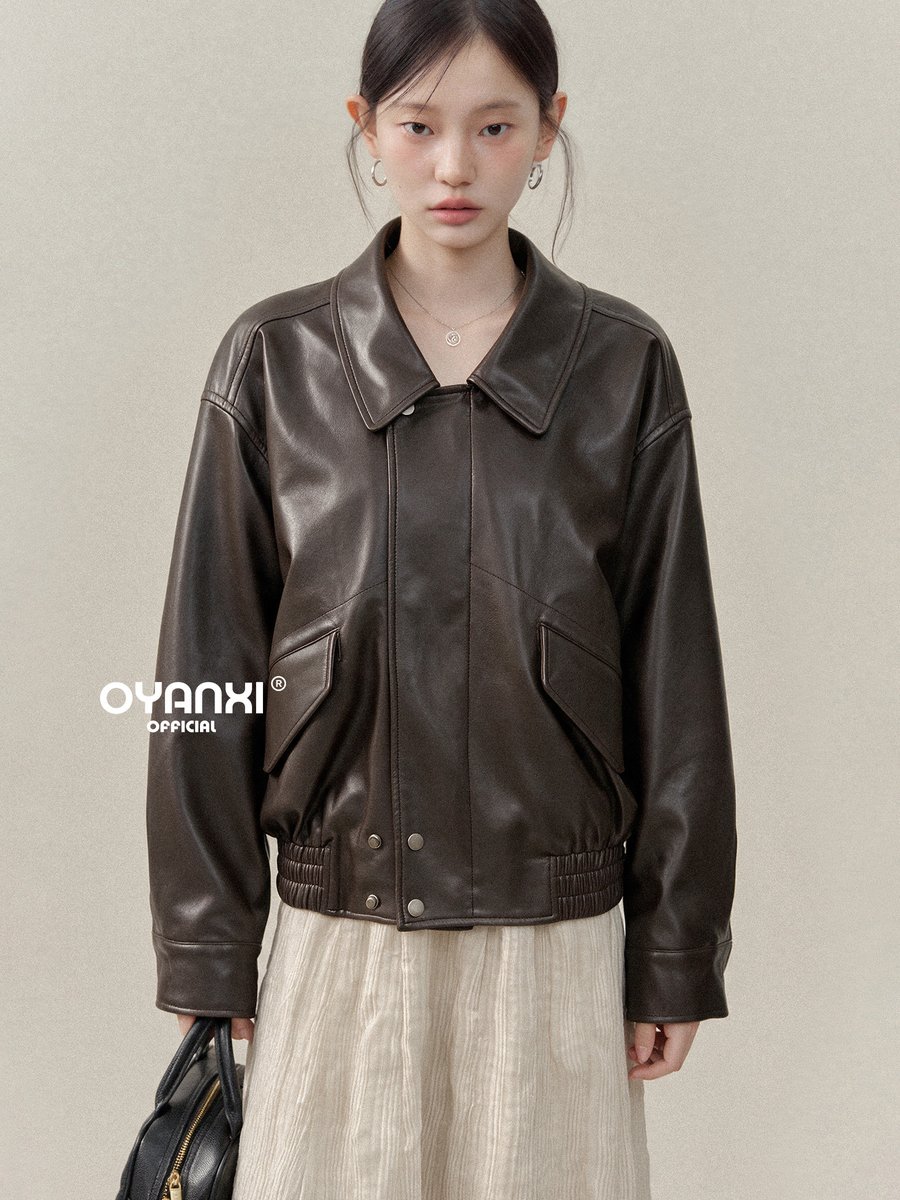 OYANXI 折り襟 ダブル前立て ゆったりレザー調ジャケット