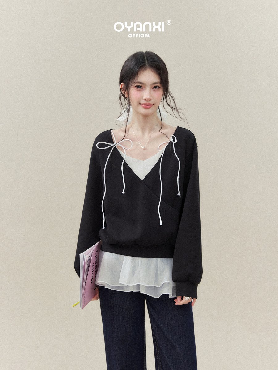 OYANXI レース切り替え Vネック フェイクレイヤード スウェット