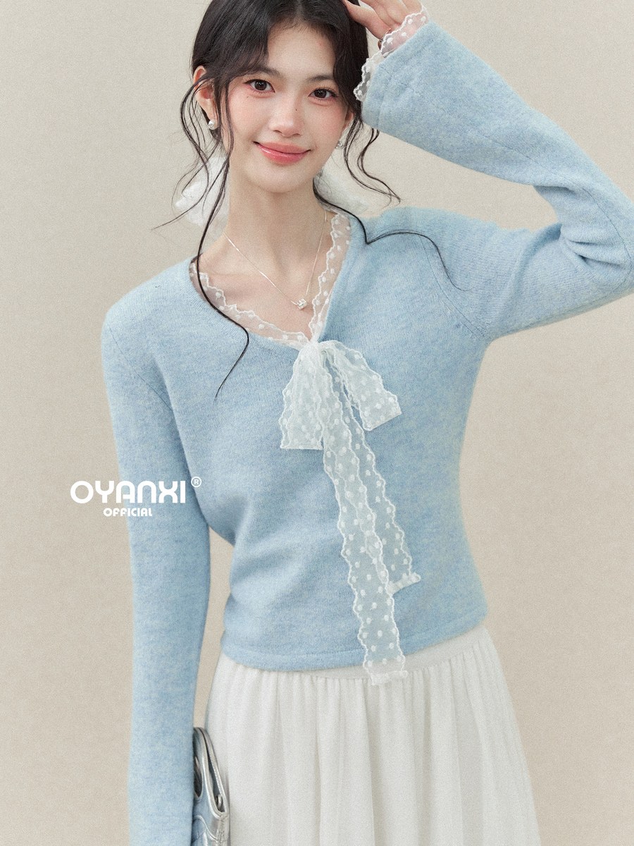 OYANXI ドットレース リボン Vネック 長袖ニット