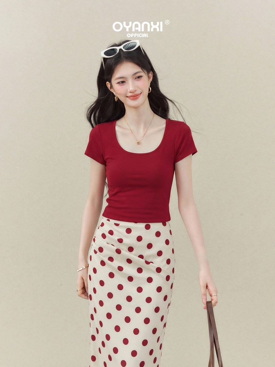OYANXI Uネック ショート丈 スリム 半袖Tシャツ