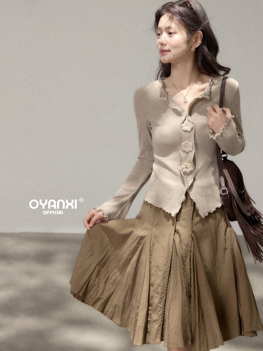 OYANXI ハイウエスト プリーツ フレアミディスカート