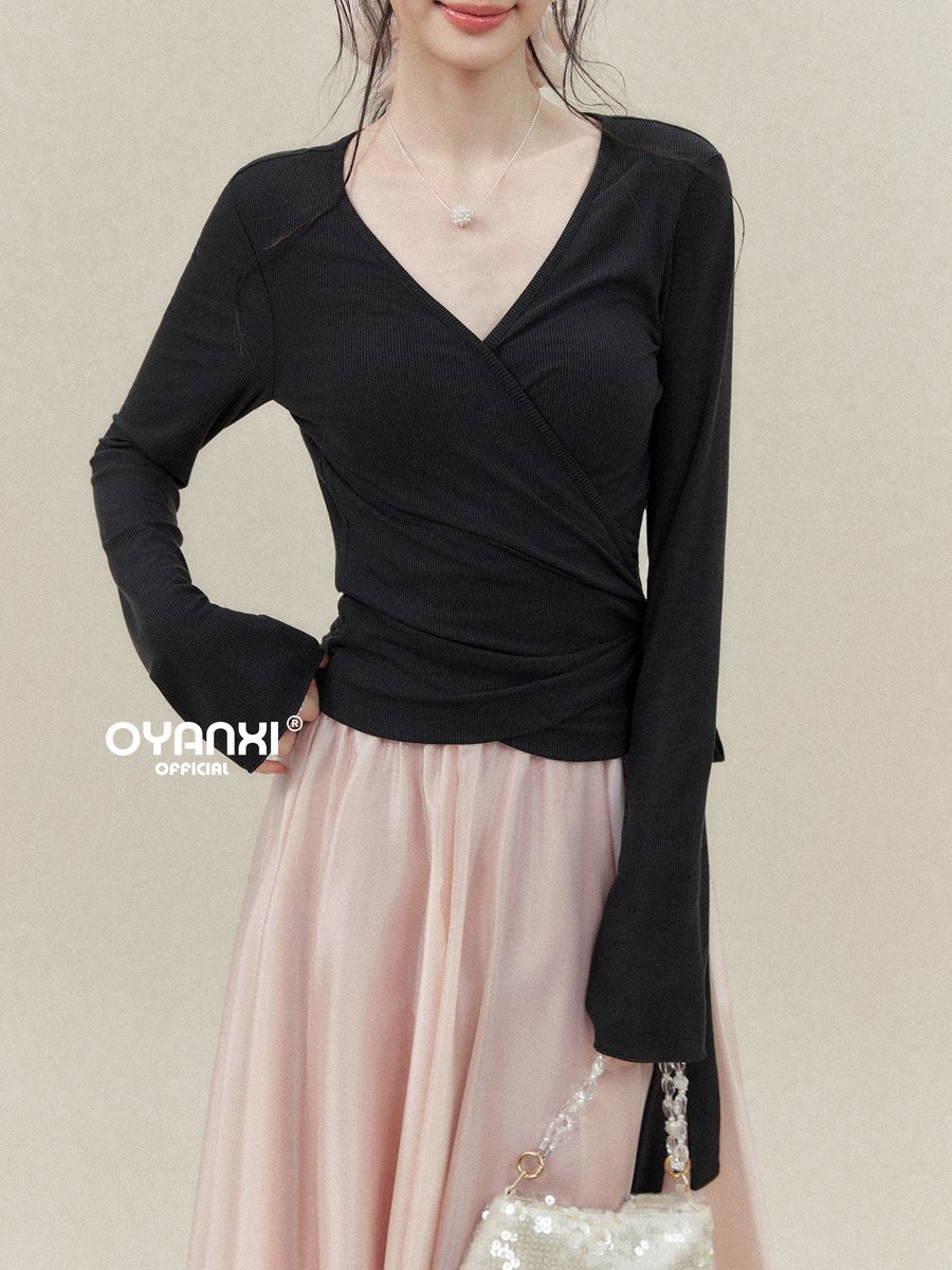 OYANXI Vネック ウエストリボン 長袖Tシャツ