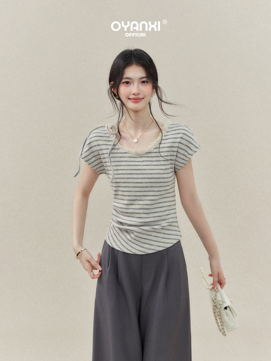 OYANXI ストライプ レーストリム クルーネック 半袖Tシャツ