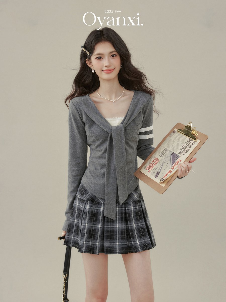OYANXI ショール付き リボン ニット長袖Tシャツ