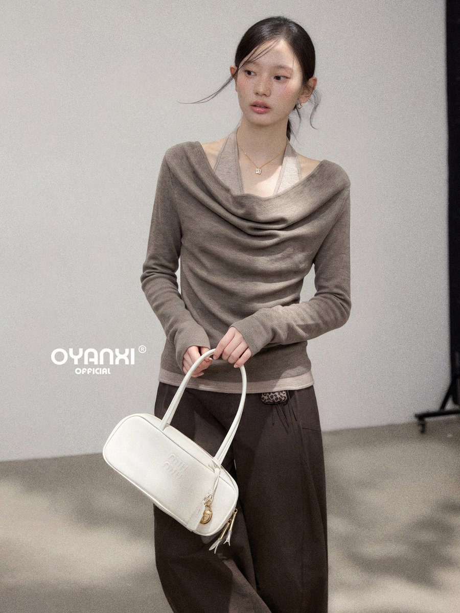OYANXI ホルター風ドレープネック フェイクレイヤード 長袖ニット
