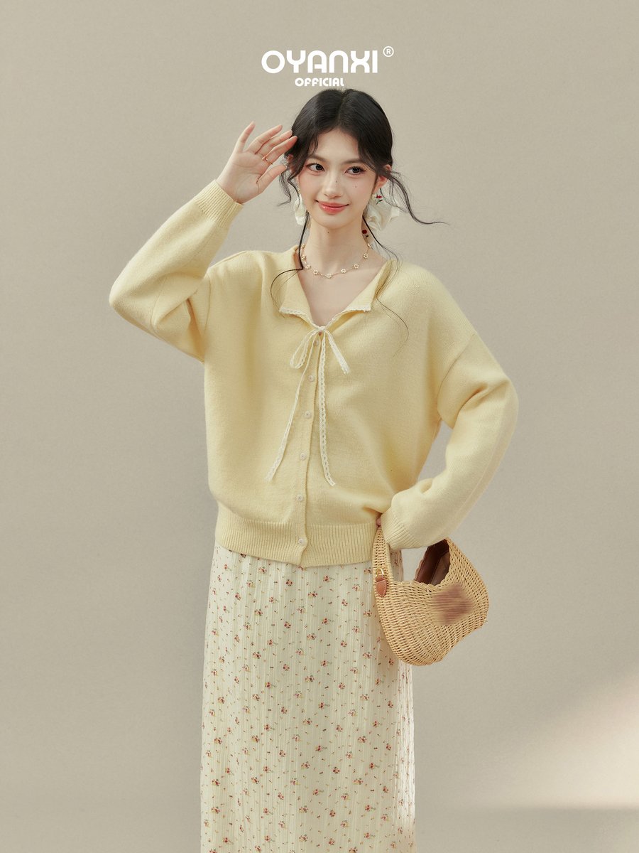 OYANXI レース リボン Vネック ニットカーディガン