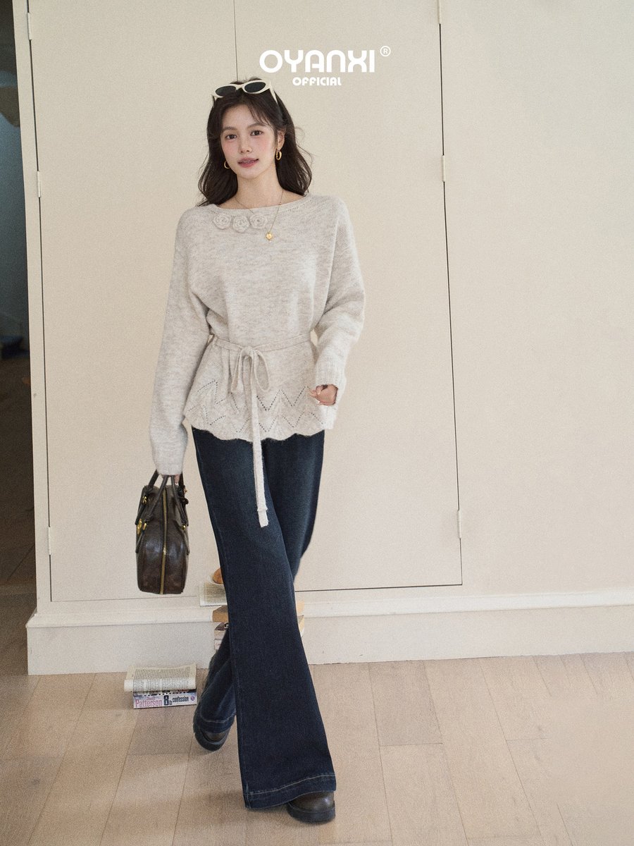 OYANXI ワンショルダー 立体かぎ編みフラワー ウェーブヘム セーター
