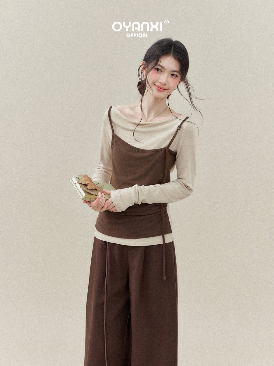OYANXI 配色 フェイクレイヤード ドレープネック ギャザーTシャツ
