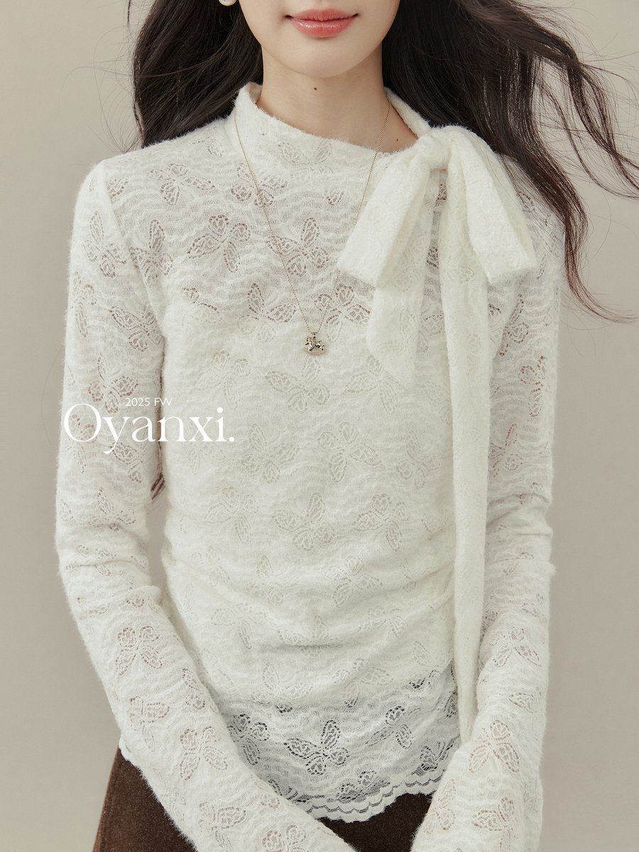 OYANXI リボンタイ ベルスリーブ レースブラウス