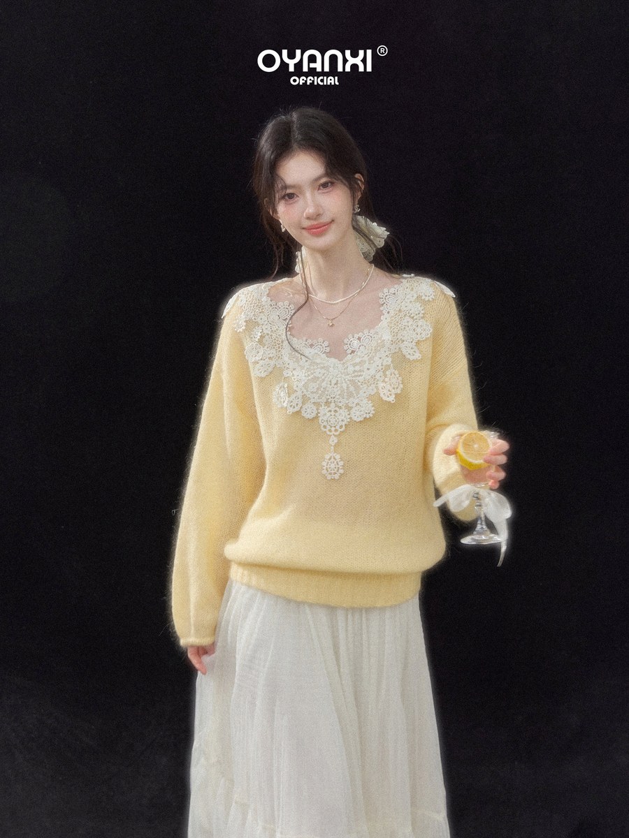 OYANXI レース Vネック ゆったりニット