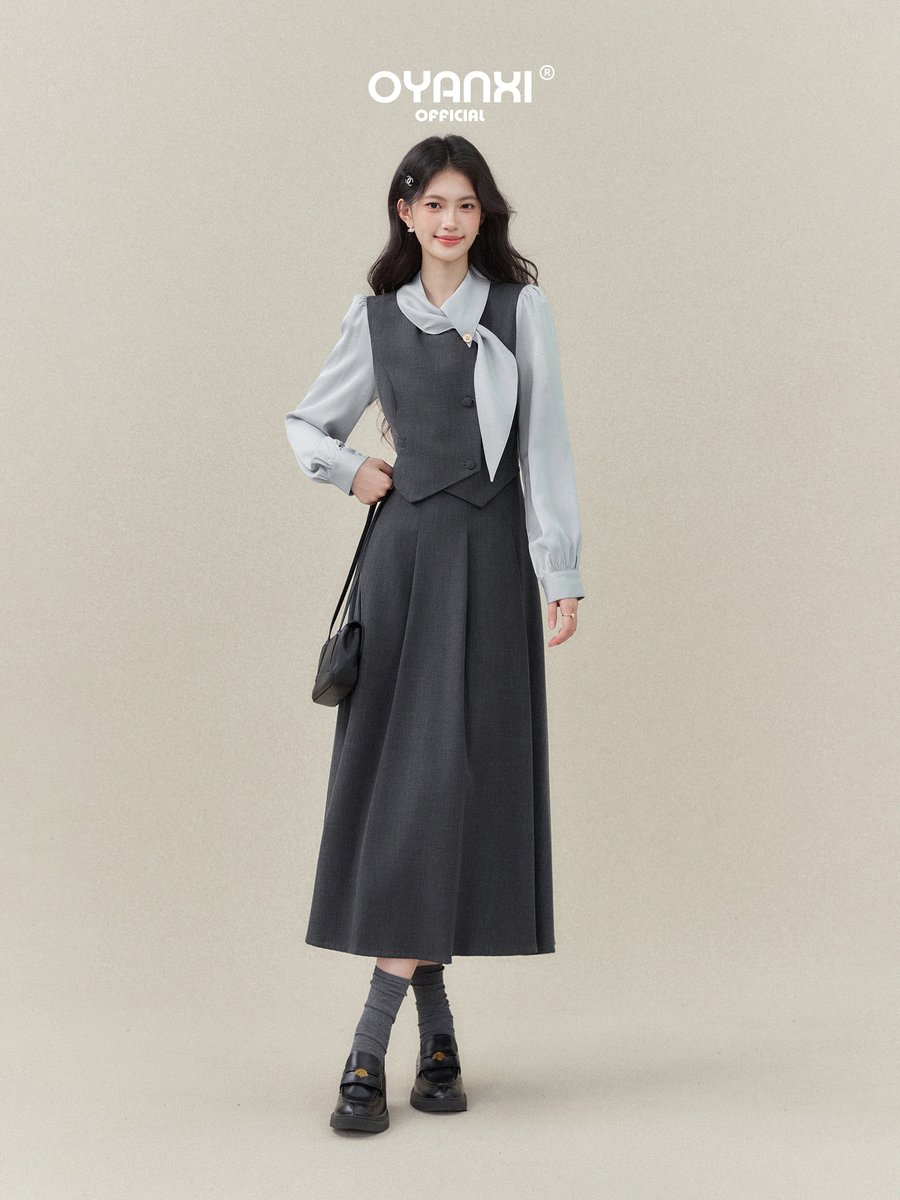 OYANXI フェイクレイヤード ベスト風 ロングワンピース
