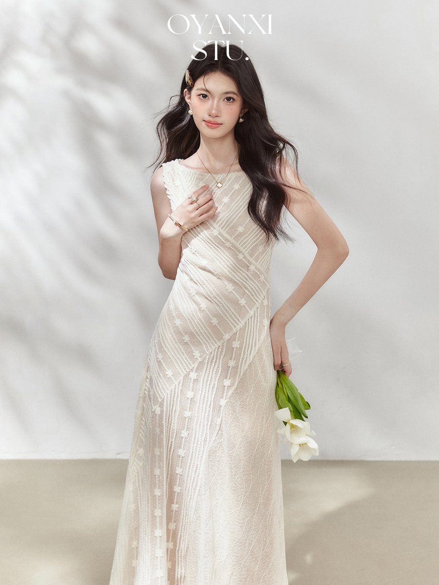 OYANXI レース切り替え ノースリーブ ロングワンピース