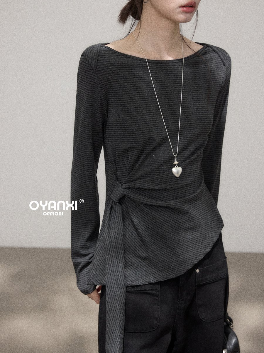 OYANXI サイドリボン ウエストシェイプ 長袖ニットTシャツ