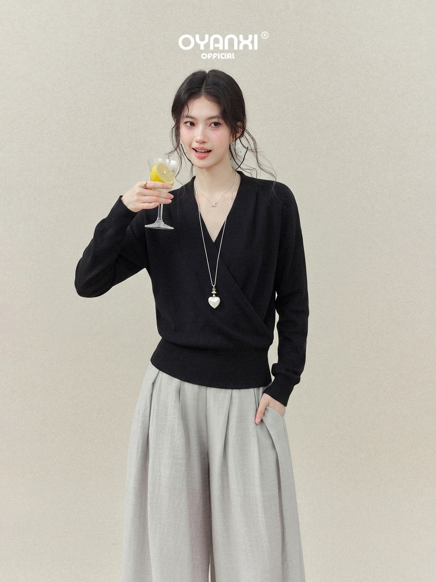 OYANXI シンプル Vネック 長袖Tシャツ