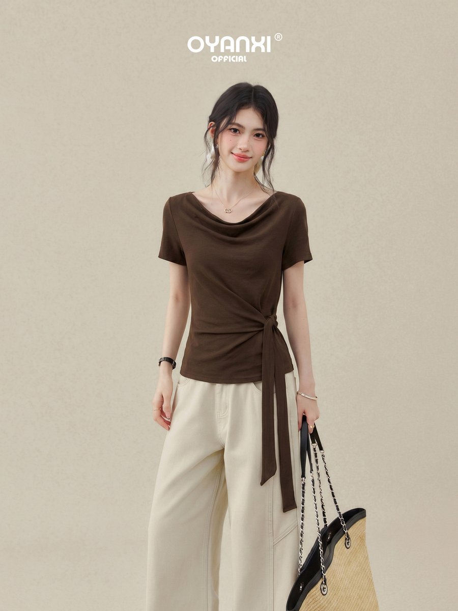 OYANXI ドレープネック フロントリボン 半袖Tシャツ