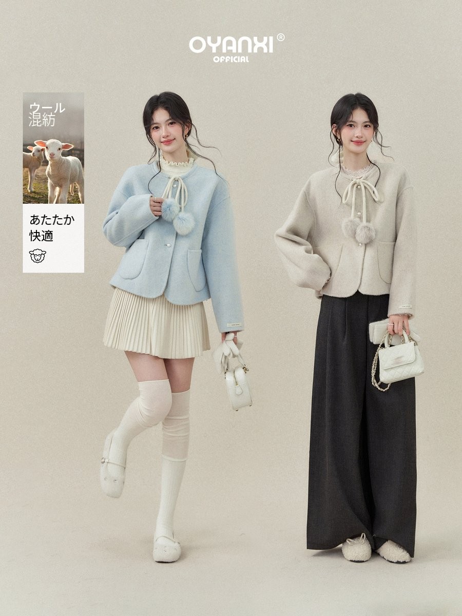 OYANXI クルーネック リボンポケット ゆったり コート