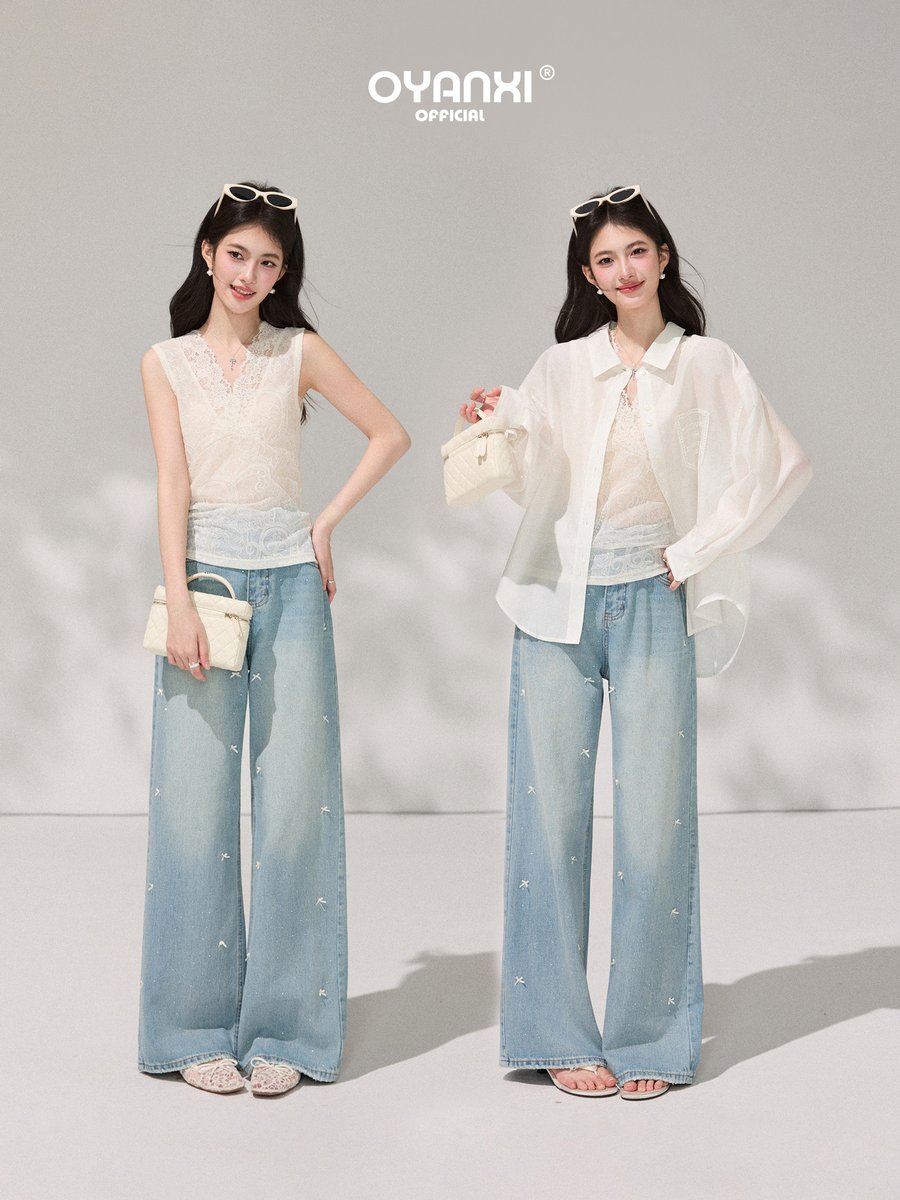 OYANXI ラインストーン リボン ハイウエスト ワイドデニムパンツ