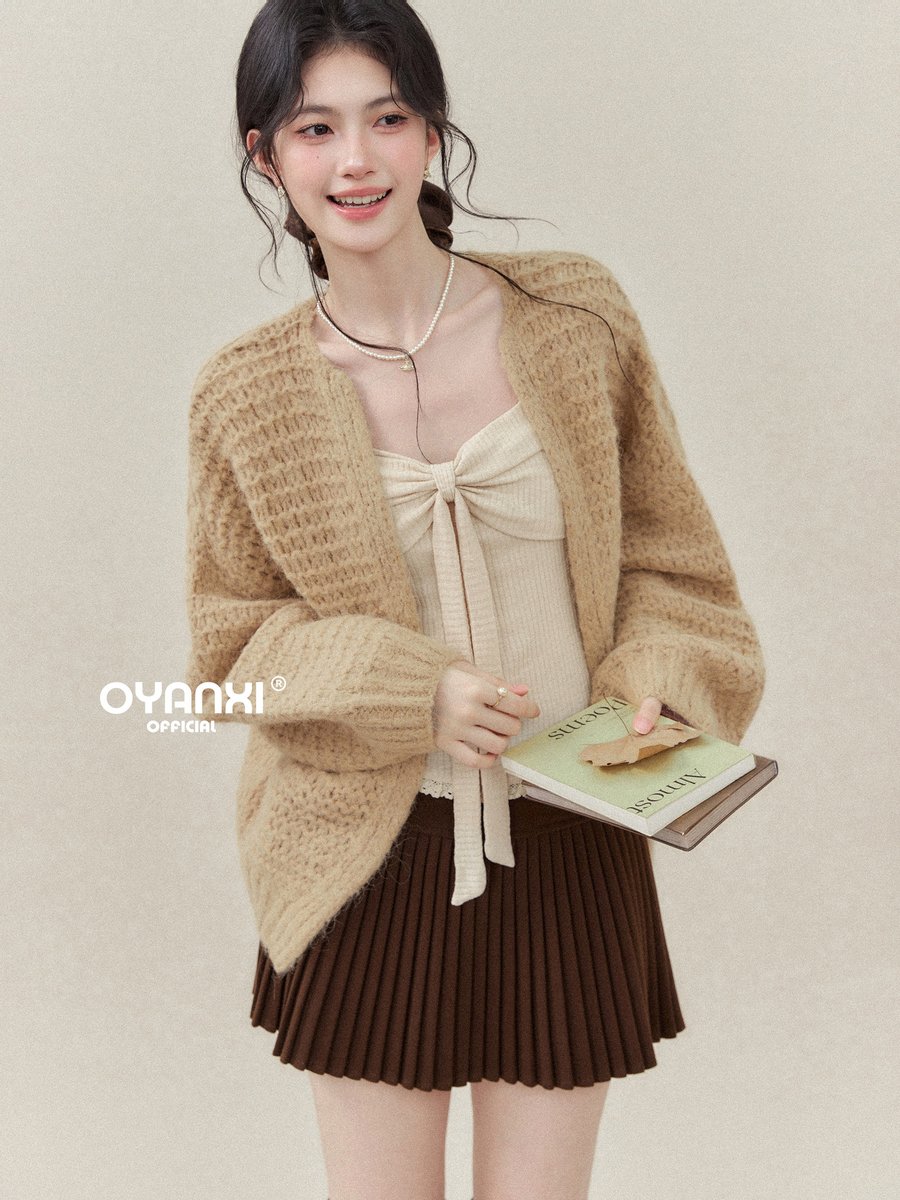 OYANXI 透かし編み ランタンスリーブ ゆったり ニットカーディガン