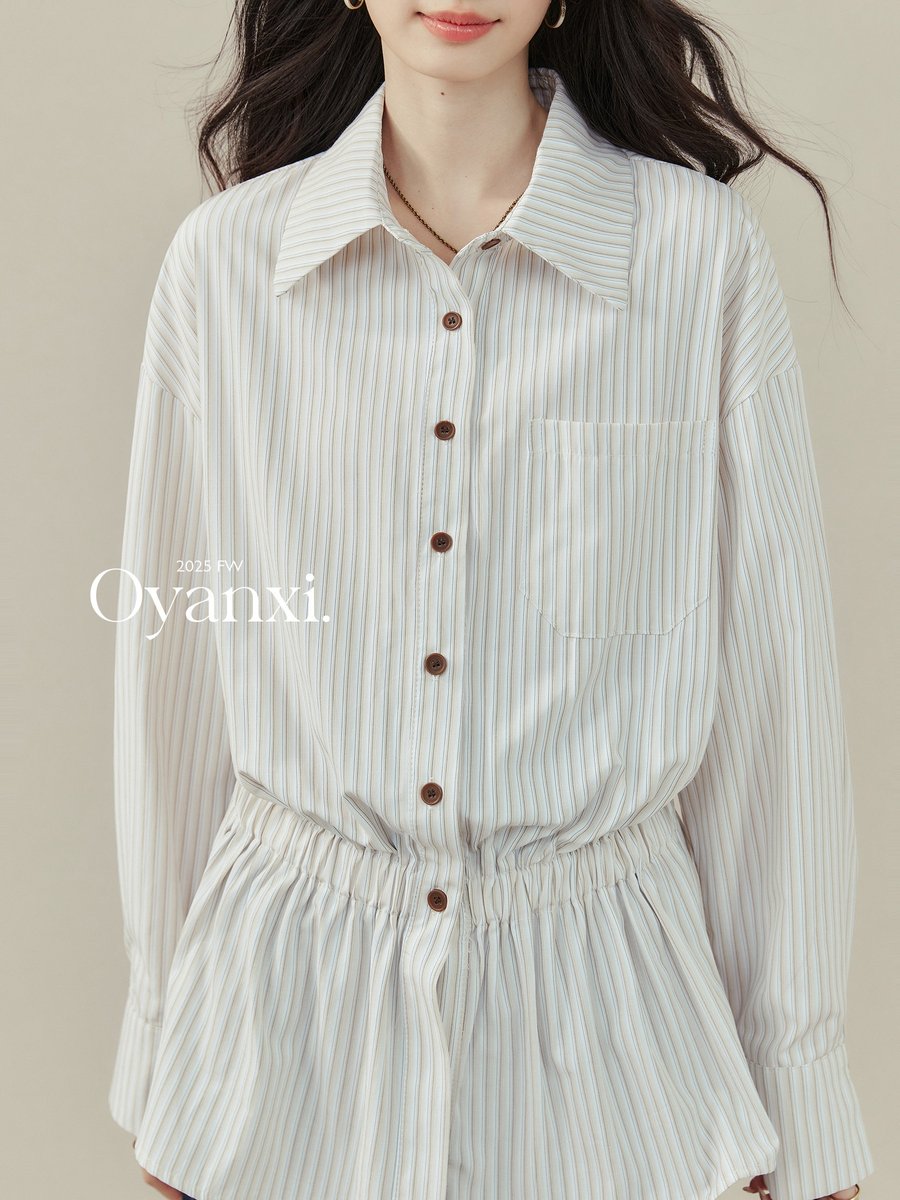 OYANXI ストライプ ウエストシェイプ 長袖シャツ