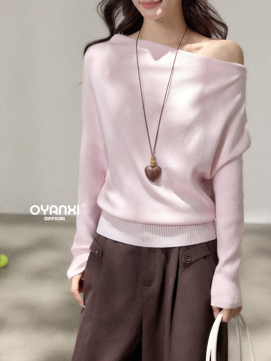 OYANXI 斜めネック オフショルダー スリム 長袖ニット