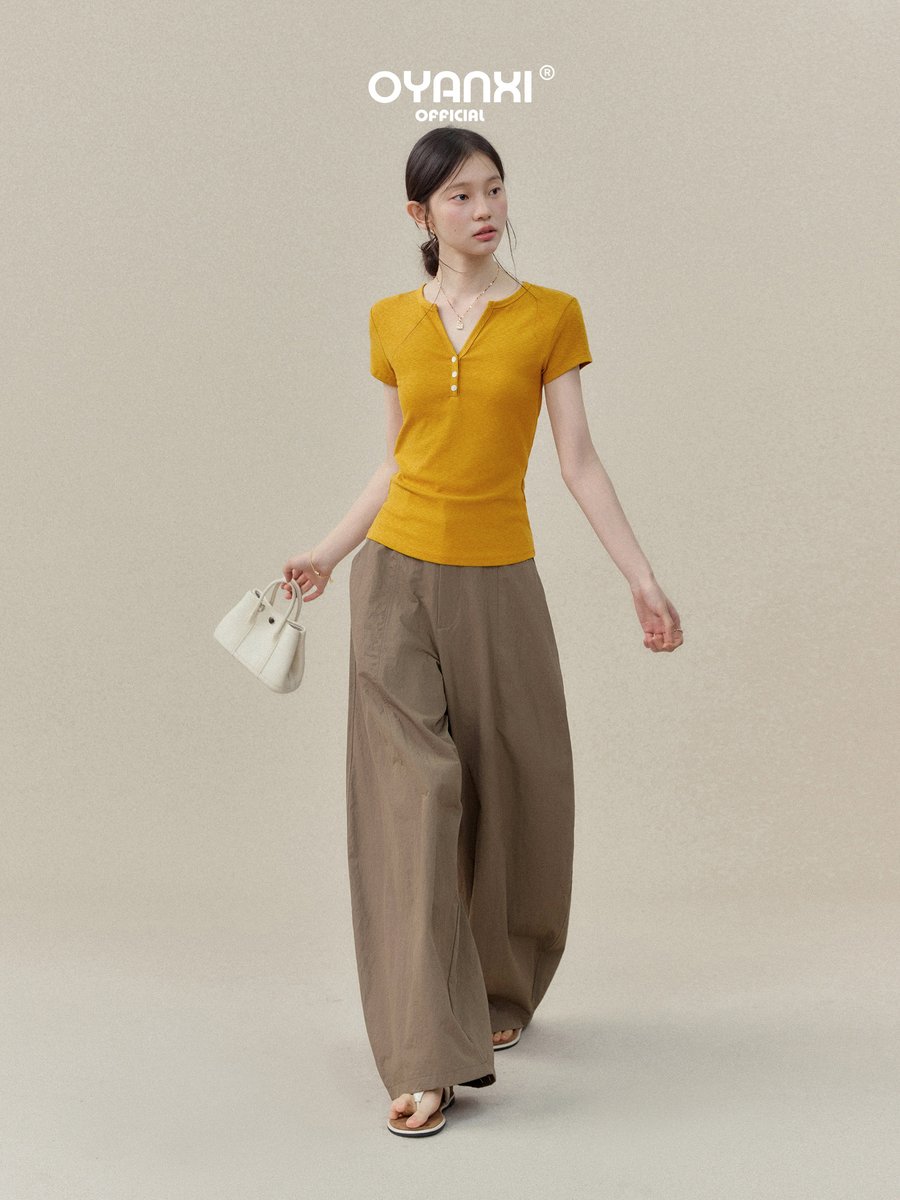 OYANXI Vネック ボタンデザイン 半袖Tシャツ