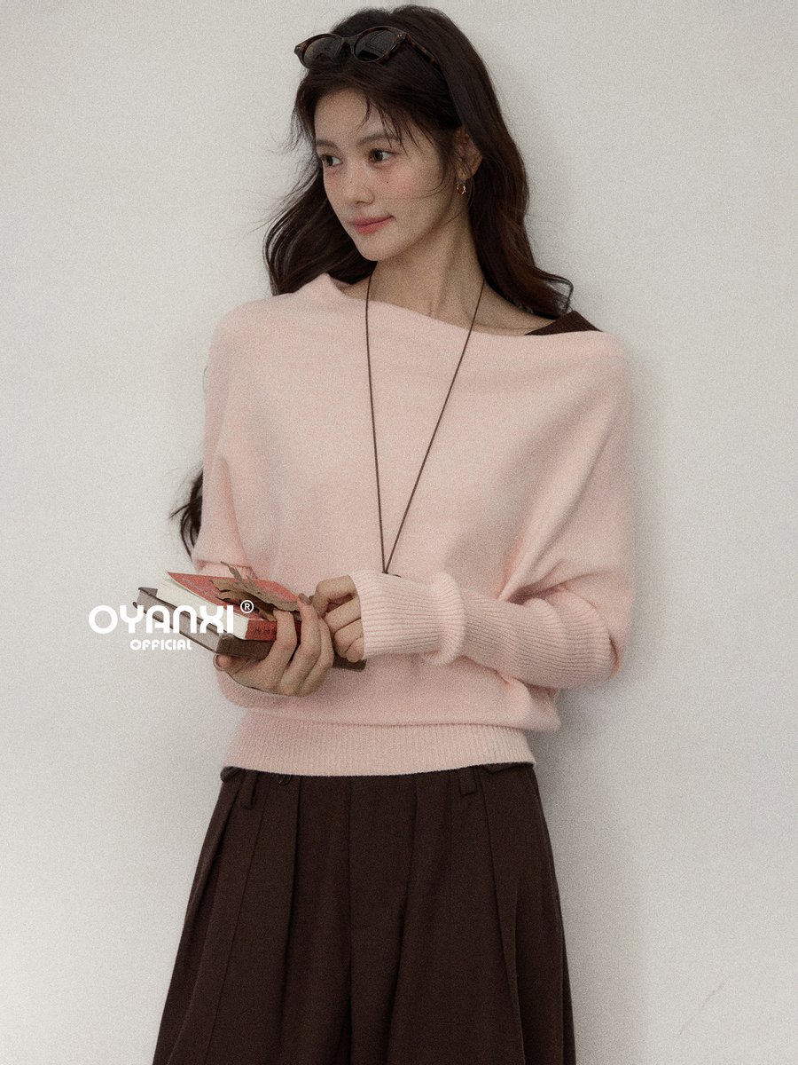 OYANXI 斜めショルダー フェイクレイヤード ドルマンスリーブ ニット