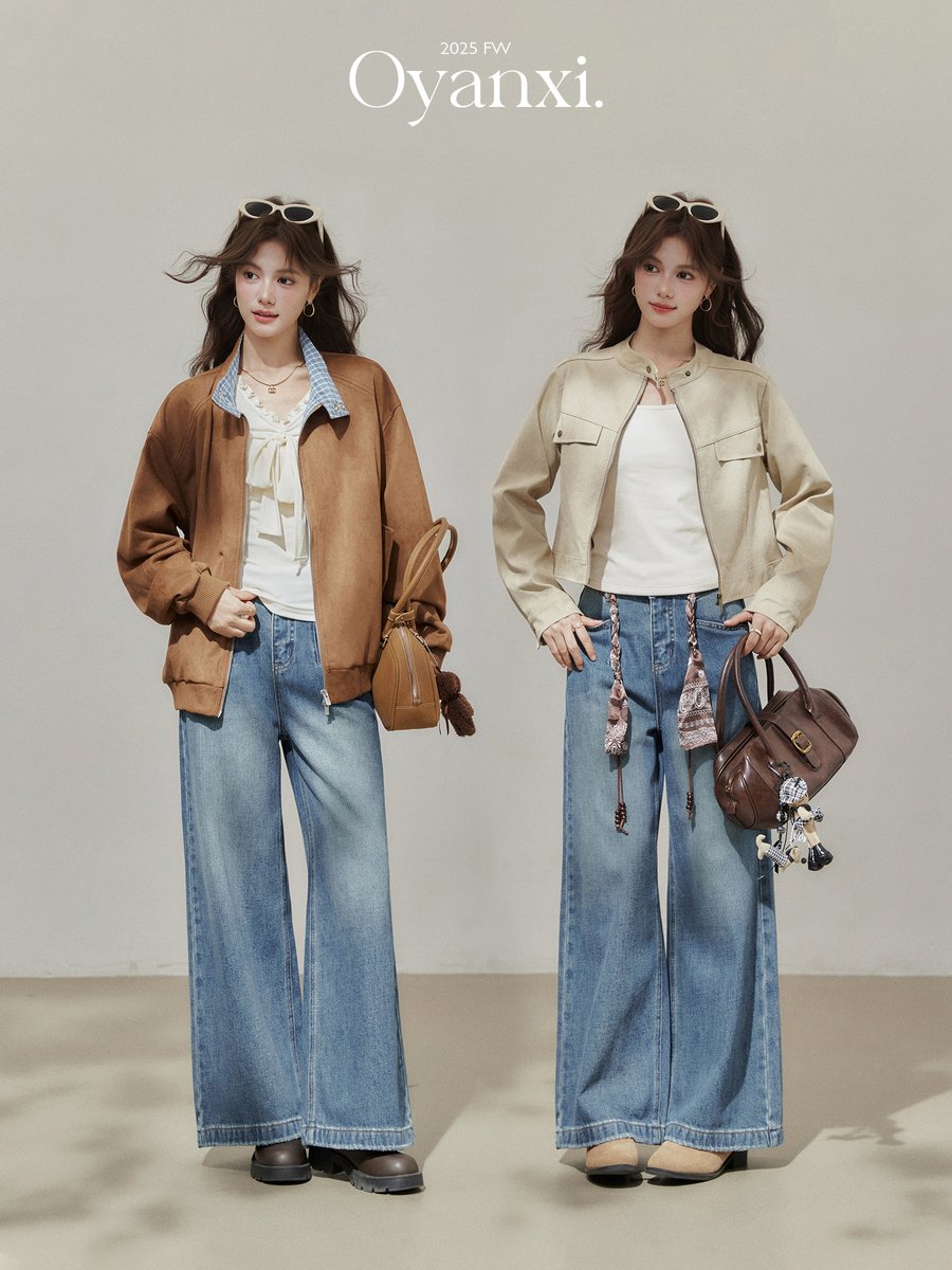 OYANXI ハイウエスト ストレート ワイドデニムパンツ