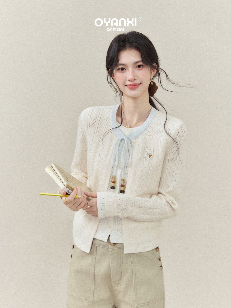 OYANXI フェイクレイヤード 透かし編み クルーネック ニットカーディガン