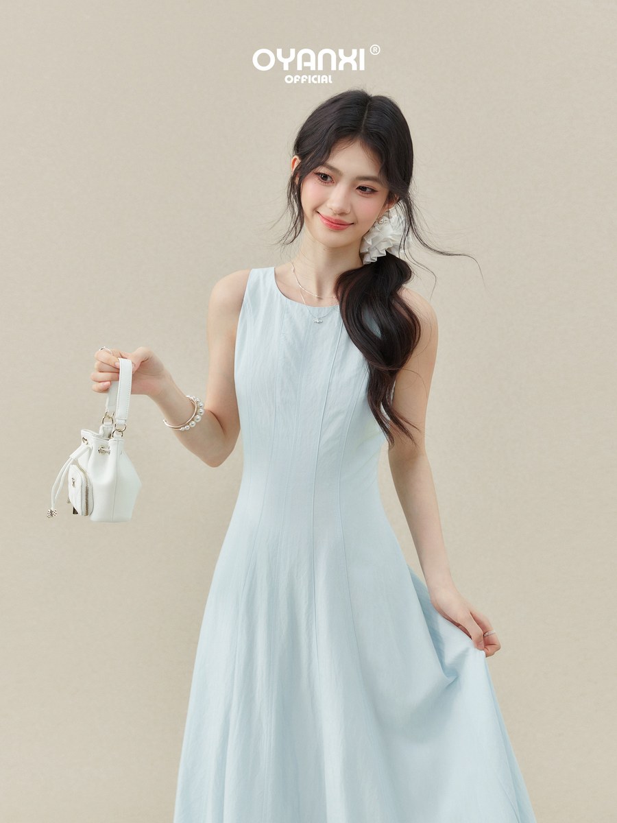 OYANXI クルーネック ノースリーブ ウエストシェイプ ロングワンピース