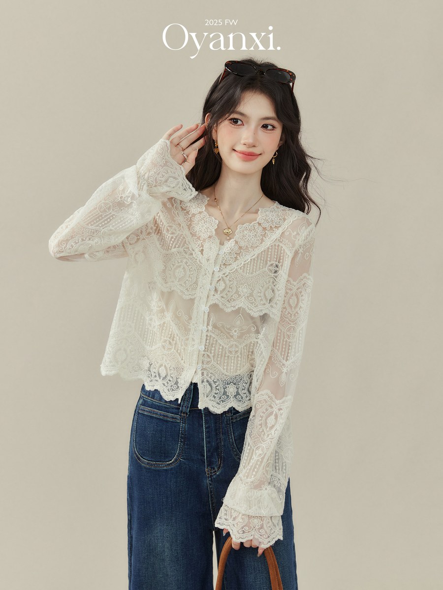 OYANXI かぎ編み レース フレアスリーブ ブラウス